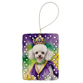 White Poodle King of Mardi Gras Porcelain Ornament Christmas Tree Hanging Decorations for Home Christmas Holiday, Rectangle, Gift, Multicolor