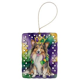 Sheltie King of Mardi Gras Porcelain Ornament Christmas Tree Hanging Decorations for Home Christmas Holiday, Rectangle, Gift, Multicolor