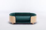 Scandinavian style Elevated Dog Bed with Solid Wood legs and Bent Wood Back, Velvet Cushion, Dark green