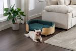 Scandinavian style Elevated Dog Bed with Solid Wood legs and Bent Wood Back, Velvet Cushion, Dark green