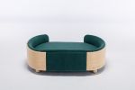 Scandinavian style Elevated Dog Bed with Solid Wood legs and Bent Wood Back, Velvet Cushion, Dark green