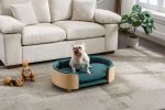 Scandinavian style Elevated Dog Bed with Solid Wood legs and Bent Wood Back, Velvet Cushion, Dark green