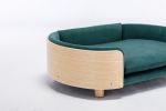 Scandinavian style Elevated Dog Bed with Solid Wood legs and Bent Wood Back, Velvet Cushion, Dark green