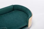 Scandinavian style Elevated Dog Bed with Solid Wood legs and Bent Wood Back, Velvet Cushion, Dark green