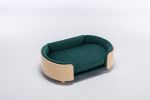 Scandinavian style Elevated Dog Bed with Solid Wood legs and Bent Wood Back, Velvet Cushion, Dark green