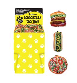 Dump Bin Scoochzilla Plush Dog Toys 72 Pieces Pizza, Hot Dog and Hamburger