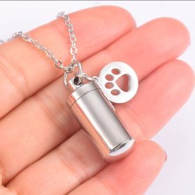 Stainless Steel Small Cylinder Plated Gold Silver Pet Urn Memorial Necklace (Color: Silver inner hollow claw)