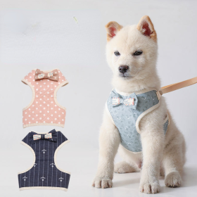 Pet leash Bowknot pet chest strap vest dog leash (Specifications (length * width): S, Color: Light blue flowers)