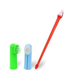 Two Headed Dog Toothbrush Set Canine Dental Hygiene Brush with 2 Finger Brushes (Color: Red)