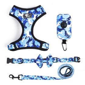 4Pcs Set Reflective No Pull Harness Collar Leash with Dog Poop Bag (Color: Blue, size: L)