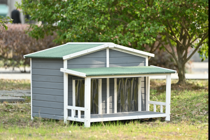 47.2 ' Large Wooden Doghouse Outdoor & Indoor with Porch; 2 Doors (Color: Gray)