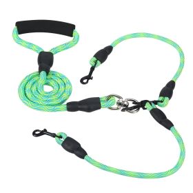 Double Dogs Leash No-Tangle Lead Reflective Dogs Walking Leash (Color: Green)